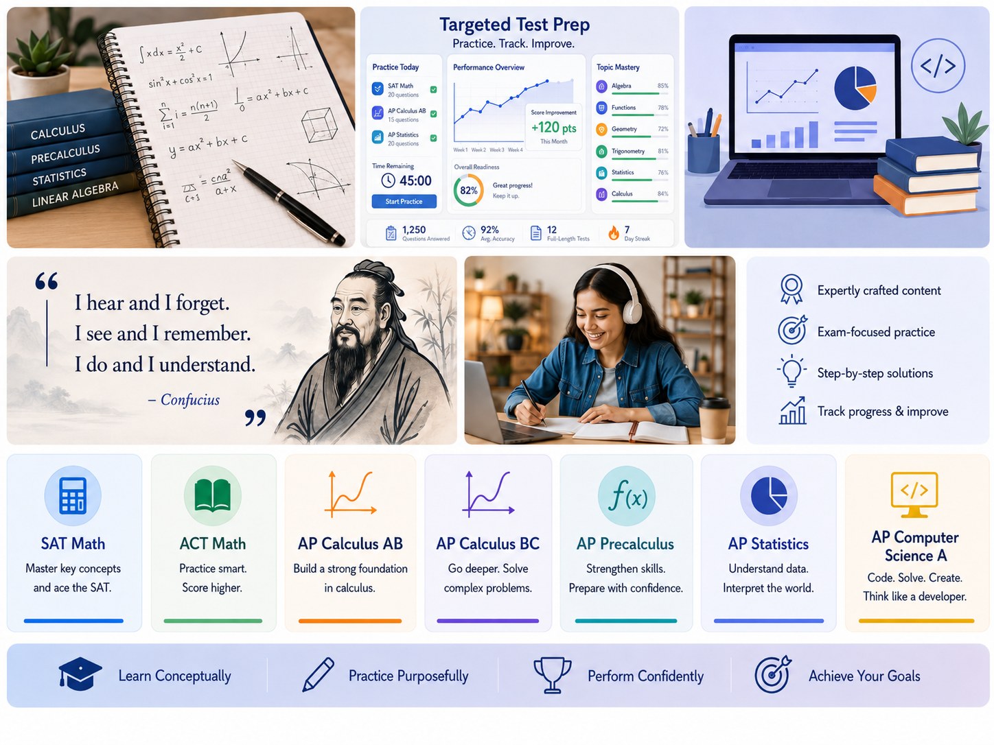 Learning Studio visual collage with test prep dashboard, mathematics notebooks, and exam track cards